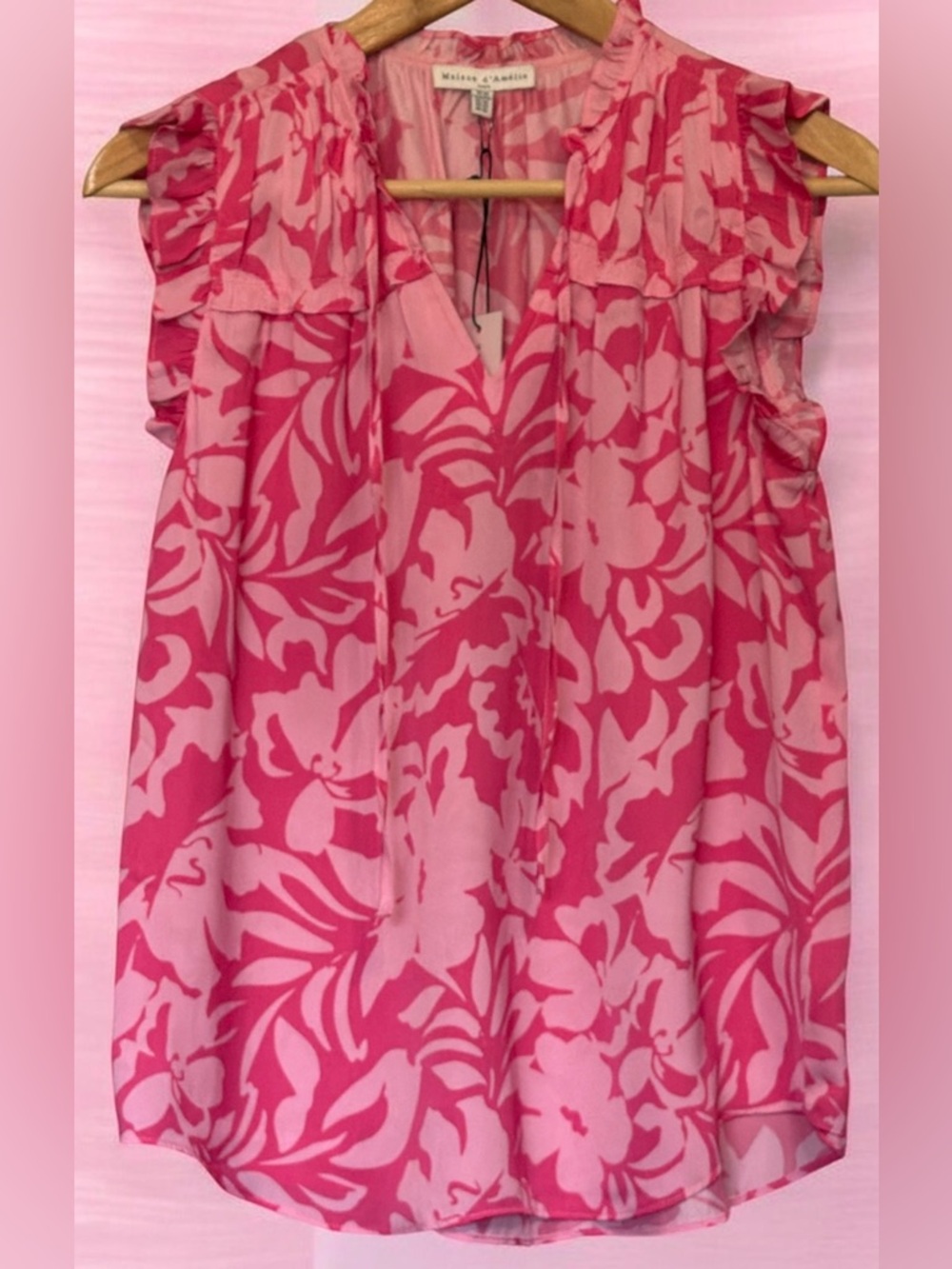 Maison d’Amelie Pink Floral Ruffle-Sleeve Women's boho blouse size XS NWT